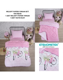 ETE HOMETEX TEK KİŞİLİK LÜX WELSOFT YORGAN SETİ BİSİKLET PEMBE 155X215CM 8696474231865